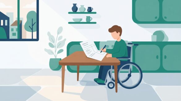A young adult with a visible disability reviewing a savings account statement at a kitchen table