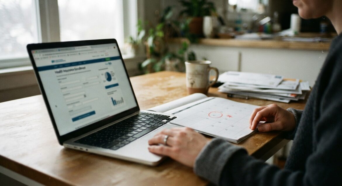 a calendar with a circled date next to a laptop showing a health insurance enrollment screen