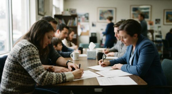 A family signing adoption paperwork together at a table with a caseworker
