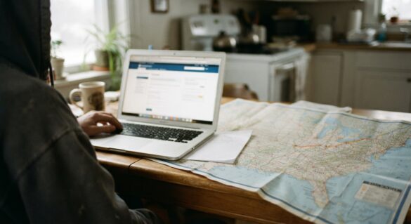 A map of the United States with a highlighted route between two states and a laptop showing an unemployment application