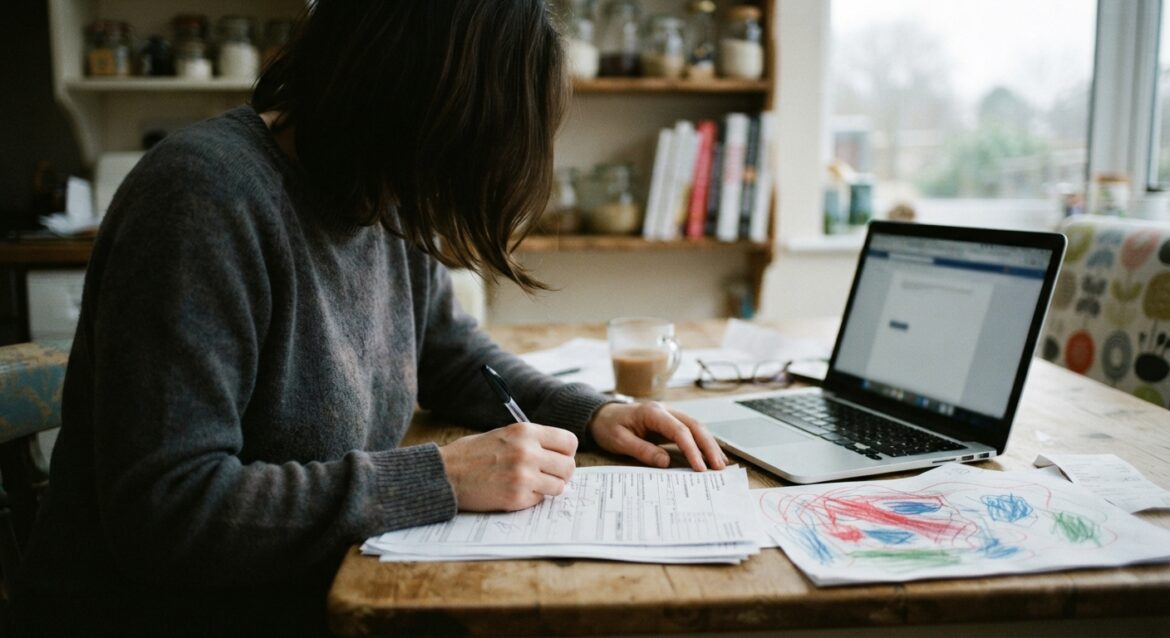 A parent filling out a government form at a desk with a laptop and a child's drawing nearby