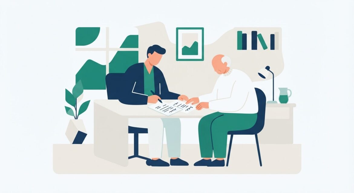 A doctor reviewing medical paperwork with an elderly patient in a clinic office