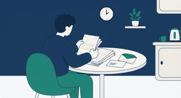 A person reviewing official mail and medical paperwork at a kitchen table