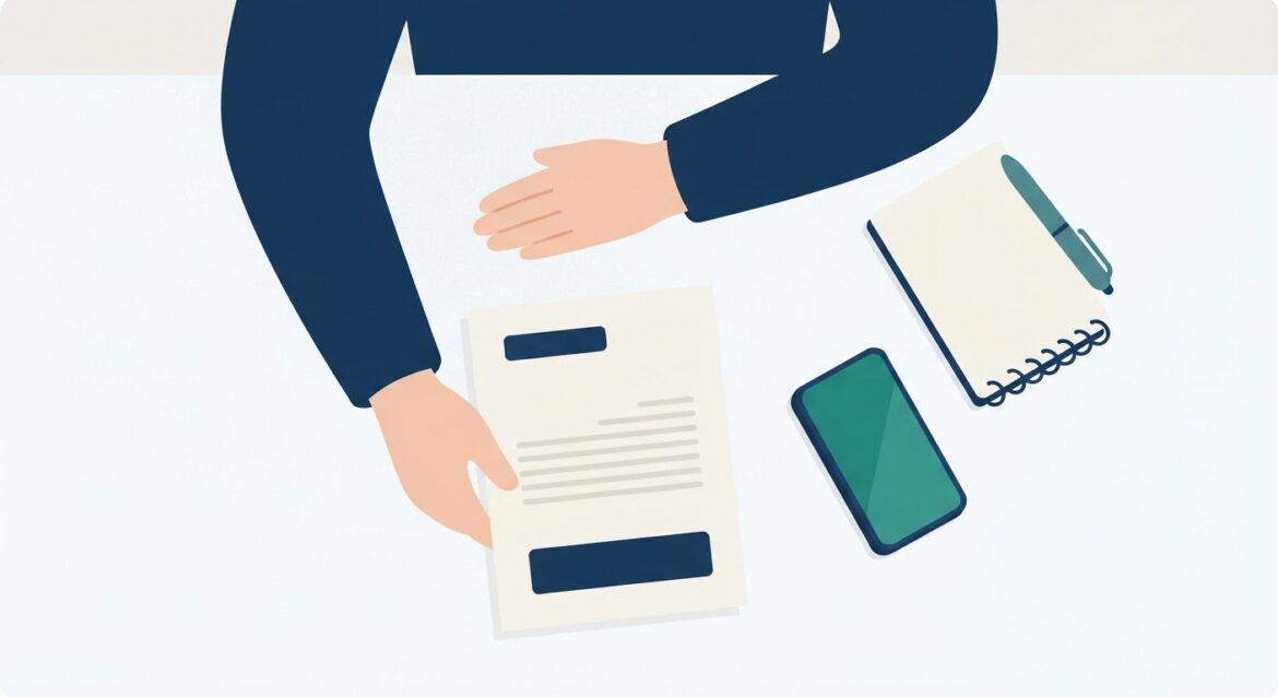 A person calmly reviewing a denial letter next to a phone and notepad