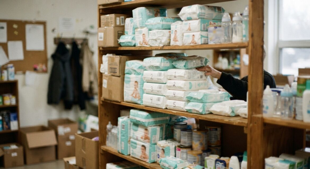 A stocked shelf of diapers and baby supplies at a community assistance pantry