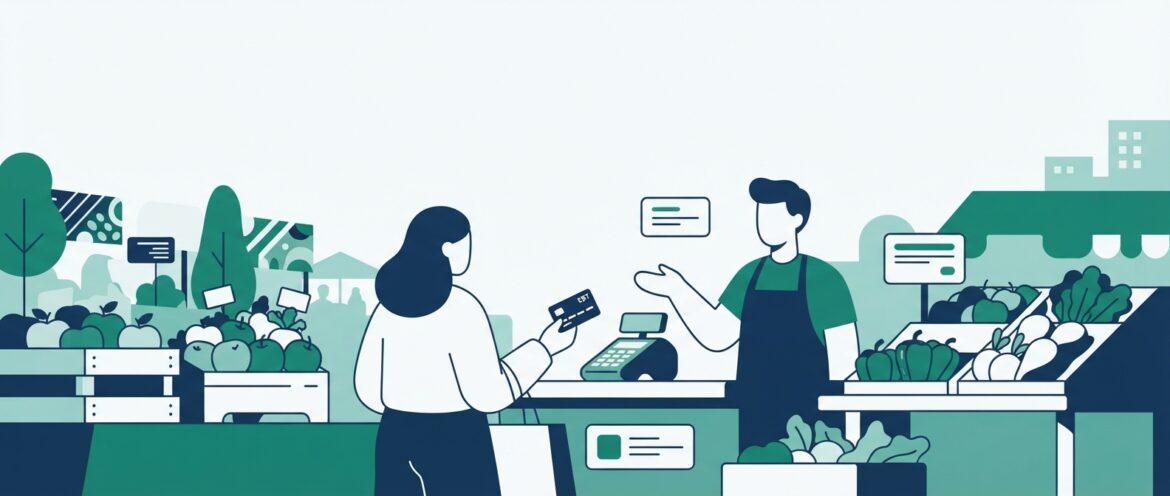 A shopper using an EBT card at a farmers market produce stand