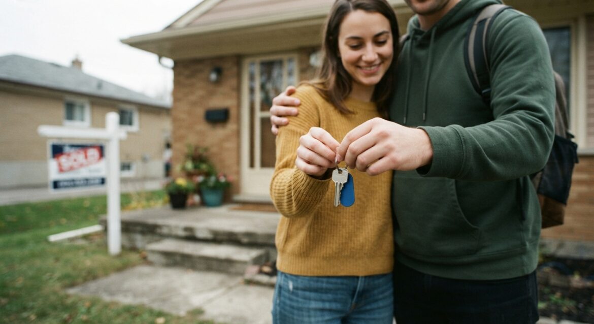 a young couple holding house keys in front of a small home with a 'sold' sign