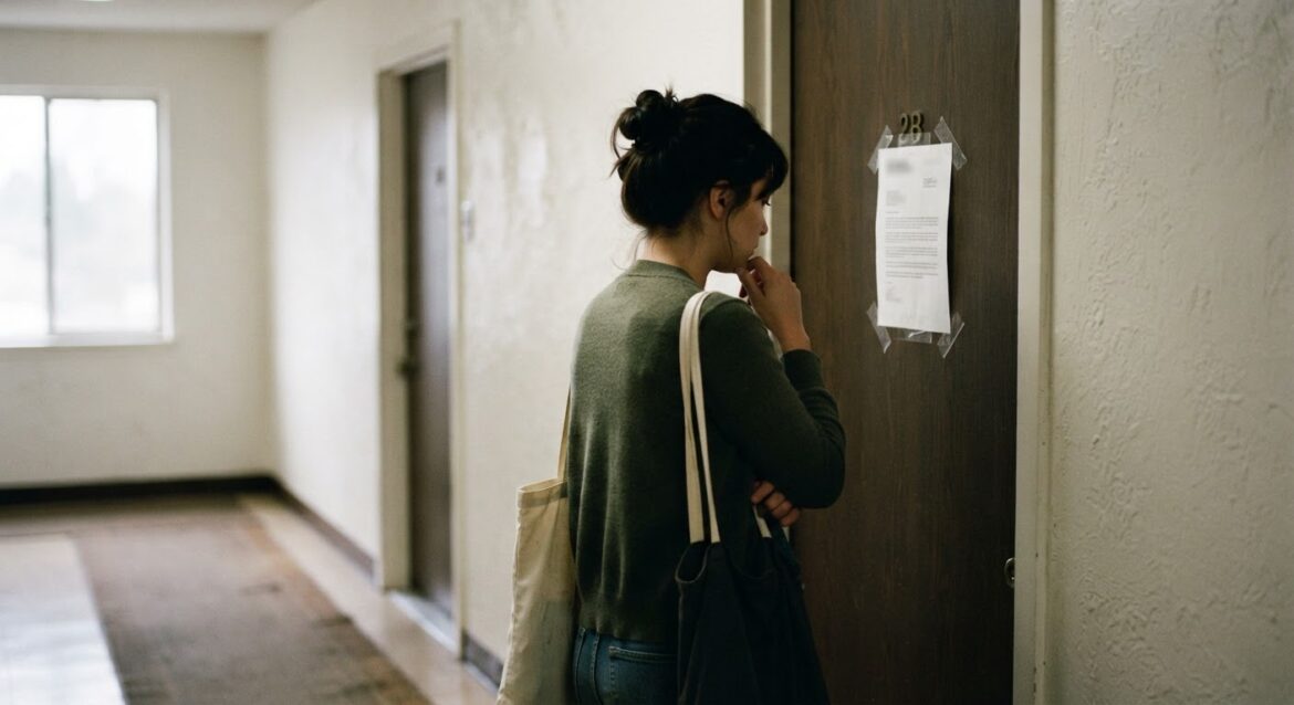 A tenant reading an official notice taped to an apartment door