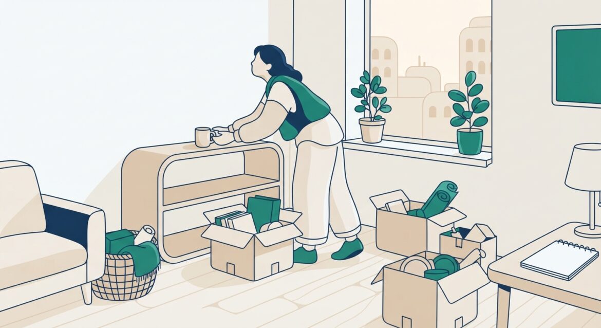 A young adult unpacking belongings in a first apartment, looking hopeful