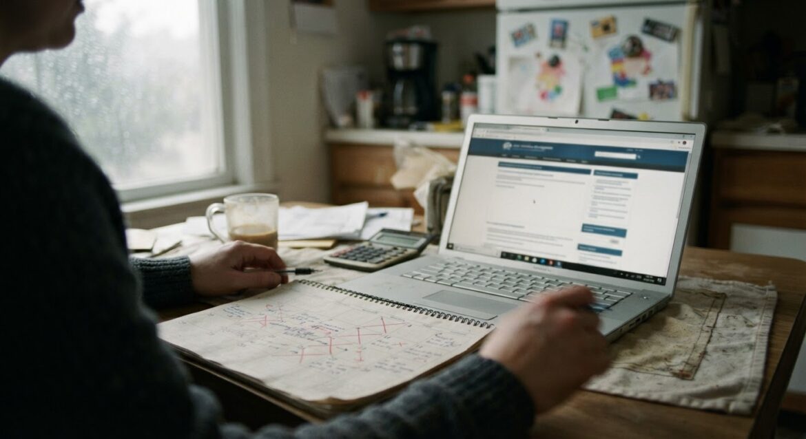 A calendar with unemployment benefit weeks marked and a laptop showing a state workforce website