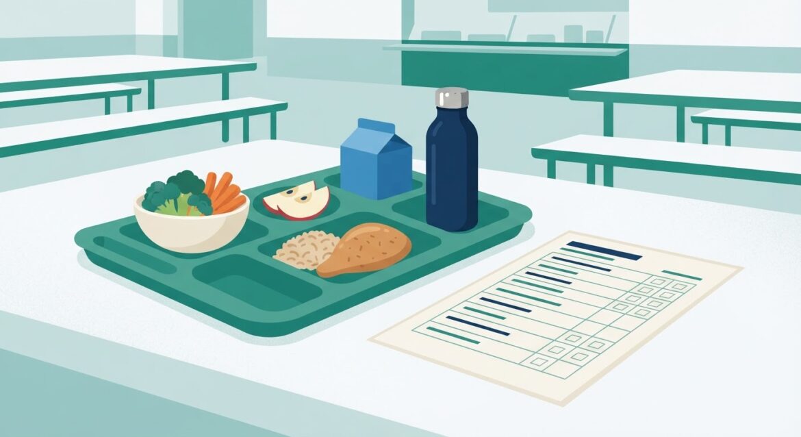 a school cafeteria tray with a healthy lunch and a paper meal application form nearby