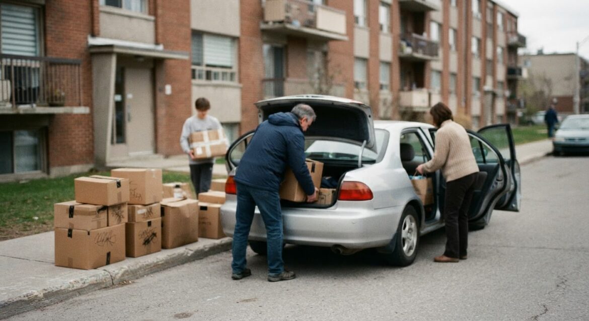 A family loading moving boxes into a car outside an apartment