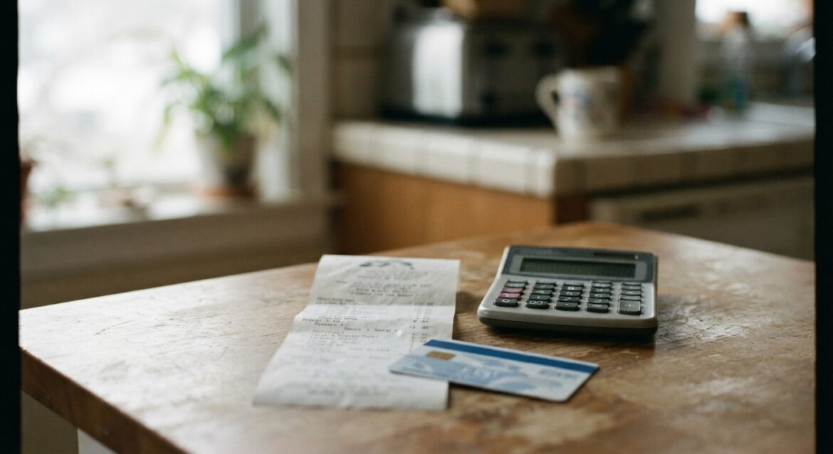 Grocery receipt and calculator next to a SNAP EBT card