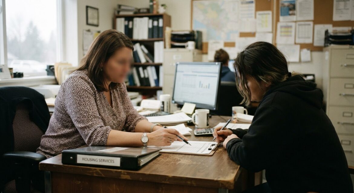A tenant meeting with a housing caseworker in a small office reviewing a savings plan