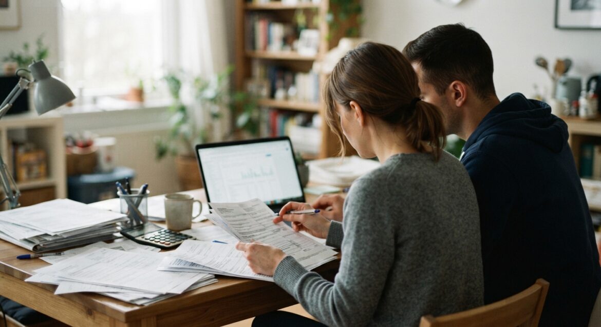 A couple reviewing tax paperwork together at a home desk