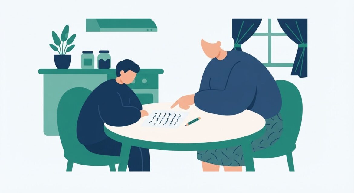 A grandmother helping a young grandchild with homework at a kitchen table