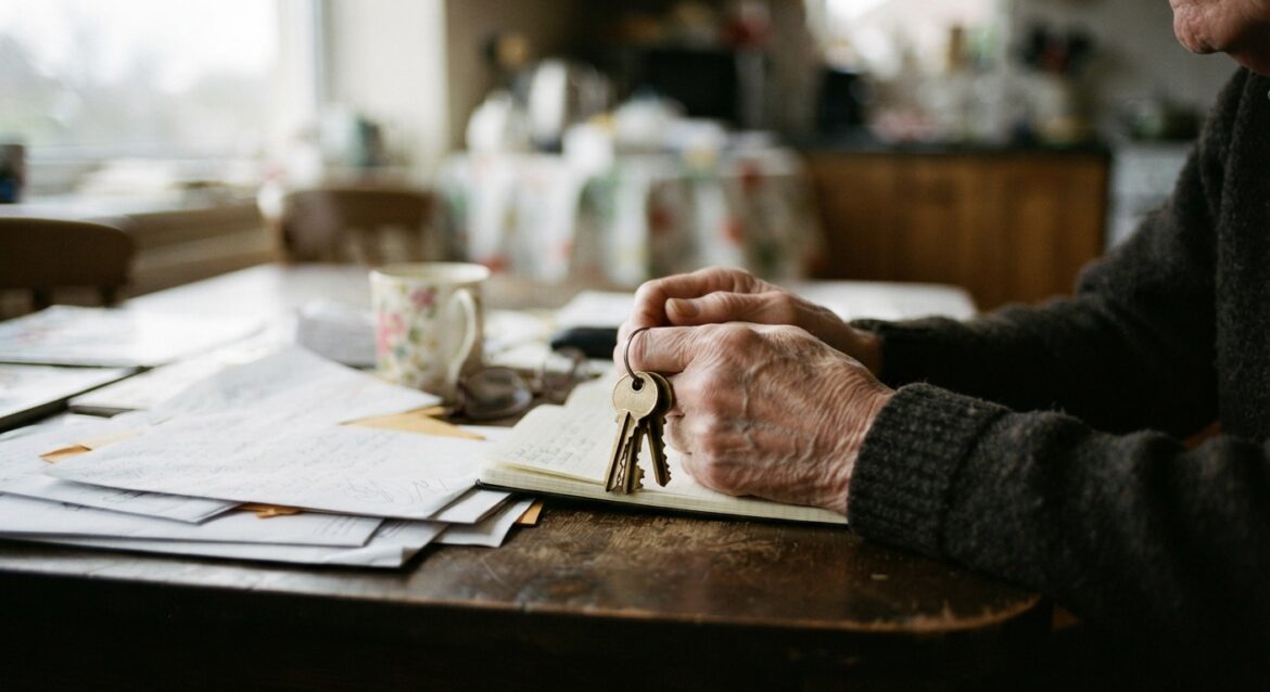 An elderly person's hands holding house keys next to paperwork at a kitchen table