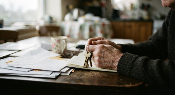 An elderly person's hands holding house keys next to paperwork at a kitchen table