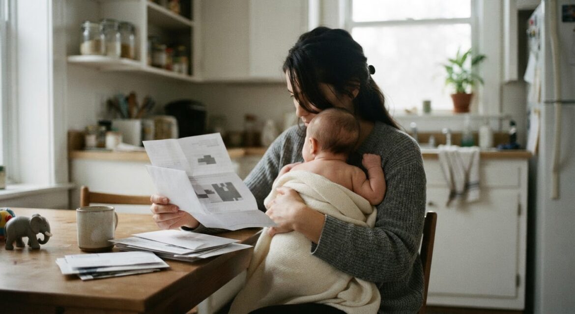 A new mother holding an infant while reviewing a health insurance letter at home