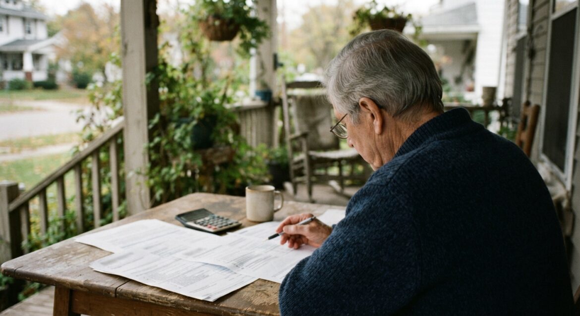 An elderly homeowner reviewing a property tax bill at their front porch table