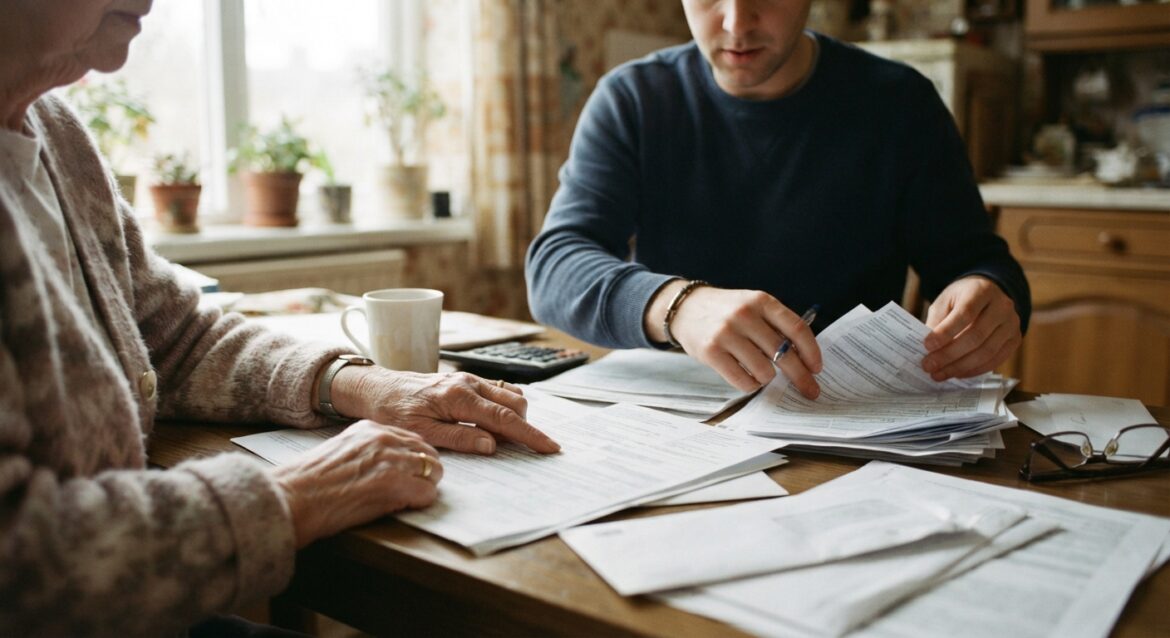An adult child helping an elderly parent organize benefit paperwork at home