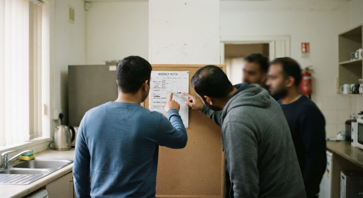 A group of employees at a workplace looking at a reduced-hours schedule posted on a board