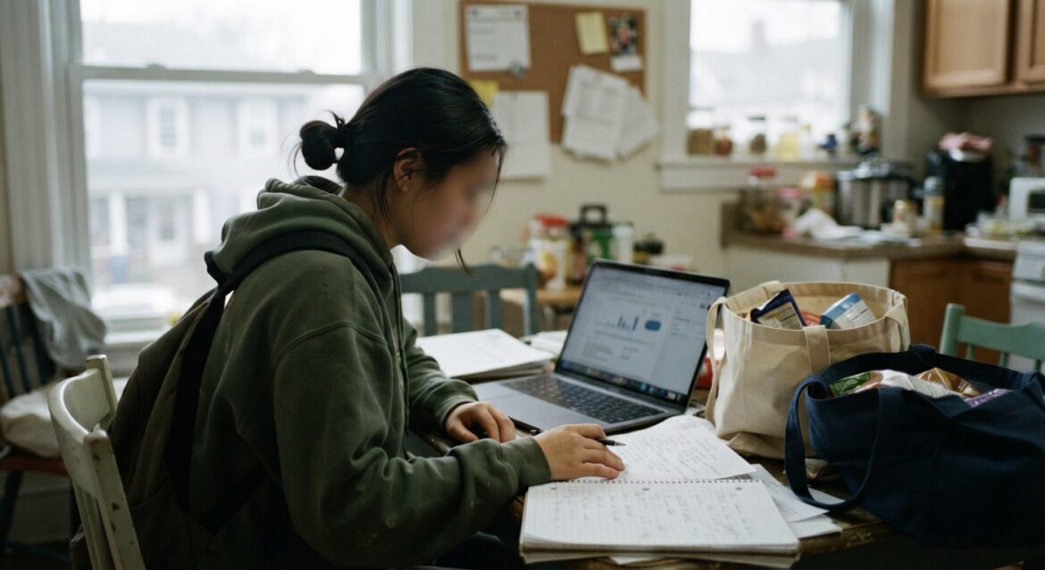 A young college student reviewing paperwork at a laptop with grocery bags nearby