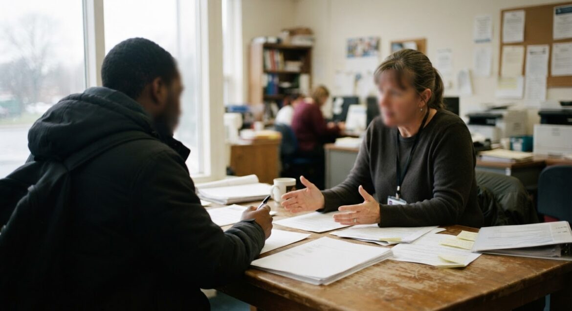 A person meeting with a job counselor at a community employment office, resume and paperwork on the table