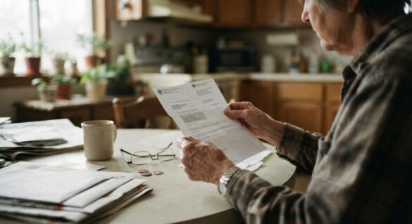 An older adult opening an official benefits letter at a kitchen table