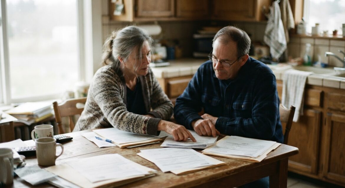 An older couple reviewing paperwork together at a kitchen table
