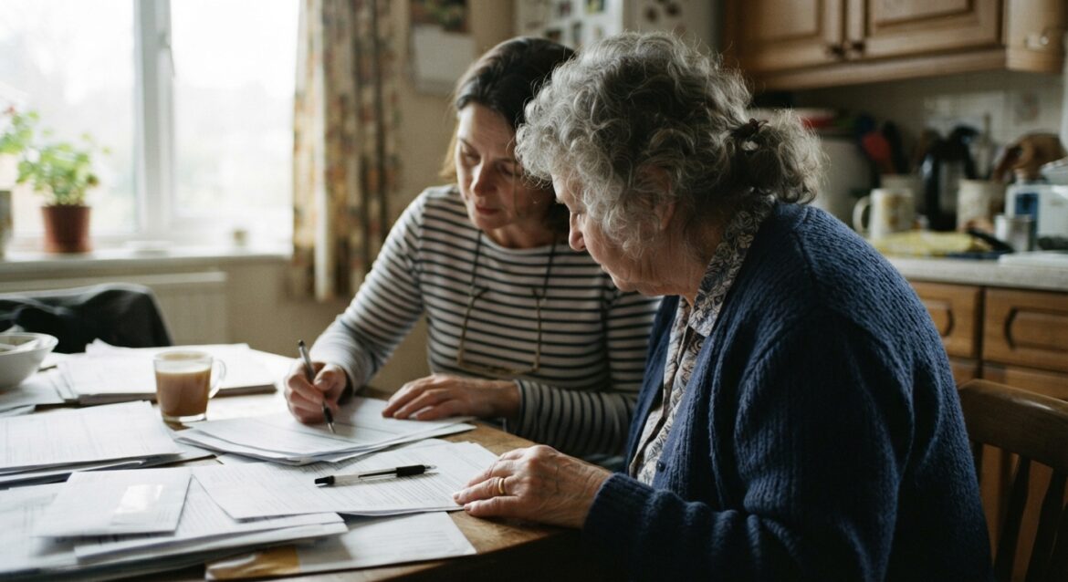 An elderly widow reviewing Social Security paperwork with an adult child at her side