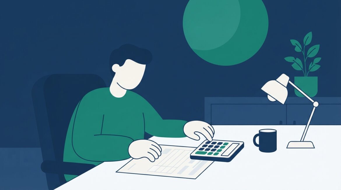 A person calculating taxes with a state tax form and calculator on a desk