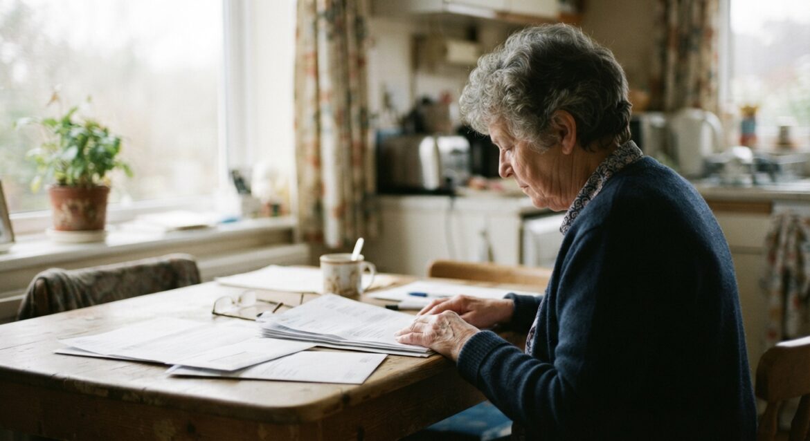 A senior woman looking at a Social Security benefits statement at her kitchen table