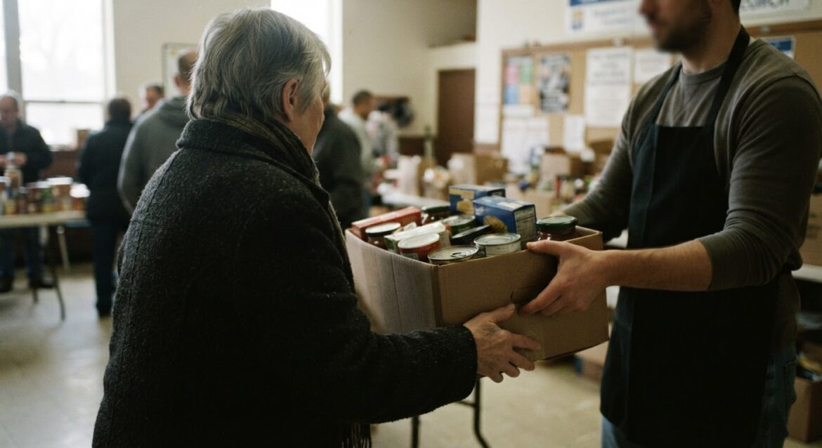An older adult receiving a box of shelf-stable groceries from a community distribution site