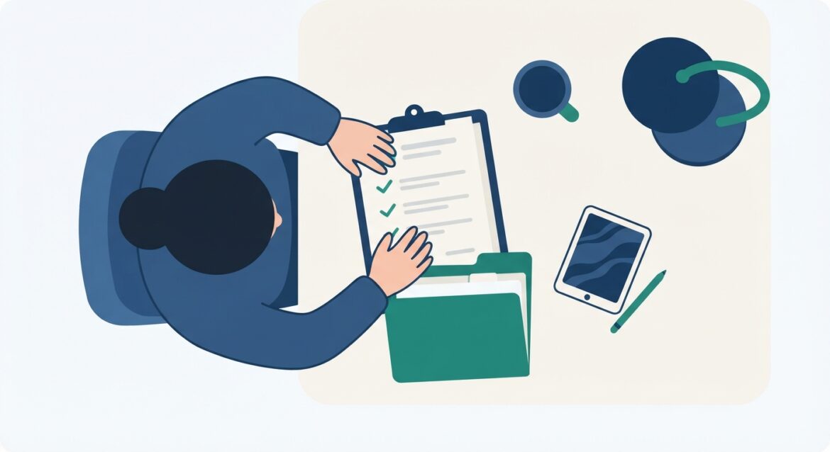 A caseworker reviewing a medical file checklist at a desk