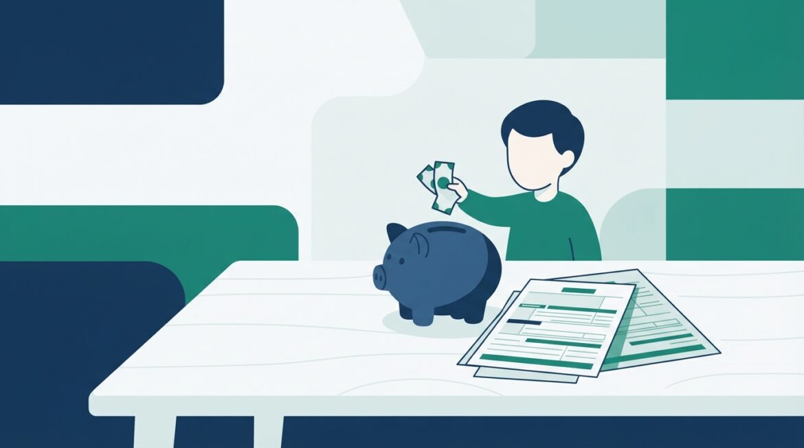 A person depositing a small amount of cash into a piggy bank next to tax forms