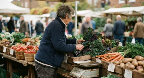 An older adult selecting fresh vegetables at an outdoor farmers market stand