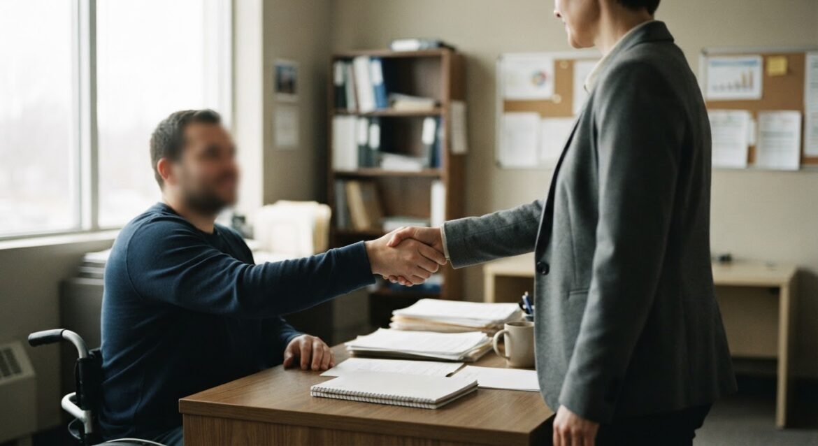 A person with a disability shaking hands with an employment counselor in an office setting