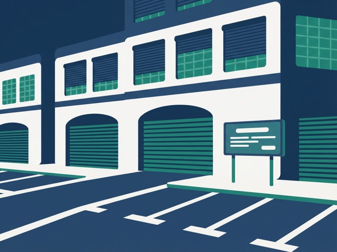 a shuttered factory building with a 'for lease' sign and empty parking lot
