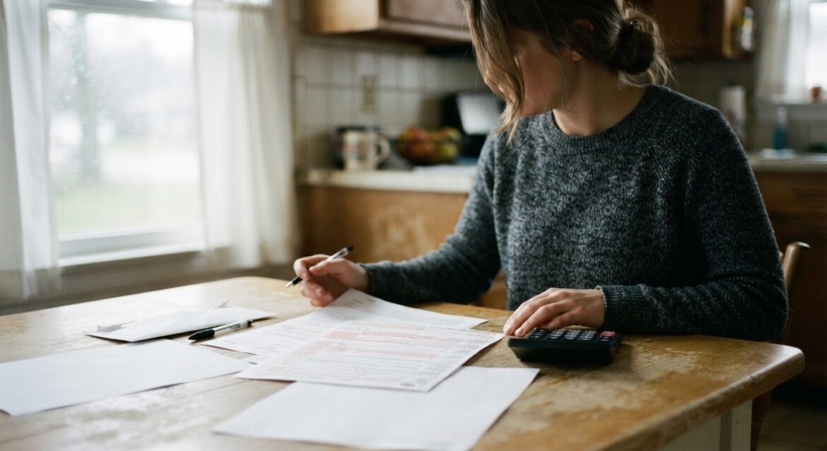 A person reviewing a 1099-G tax form and calculator at a kitchen table