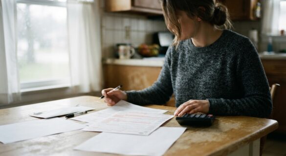 A person reviewing a 1099-G tax form and calculator at a kitchen table