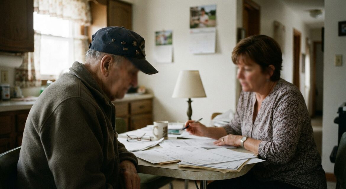 An elderly veteran sitting with a caregiver reviewing paperwork at a kitchen table