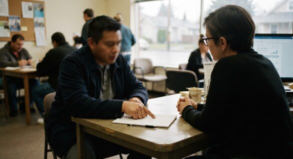 A job seeker in a career counseling session at a workforce development center