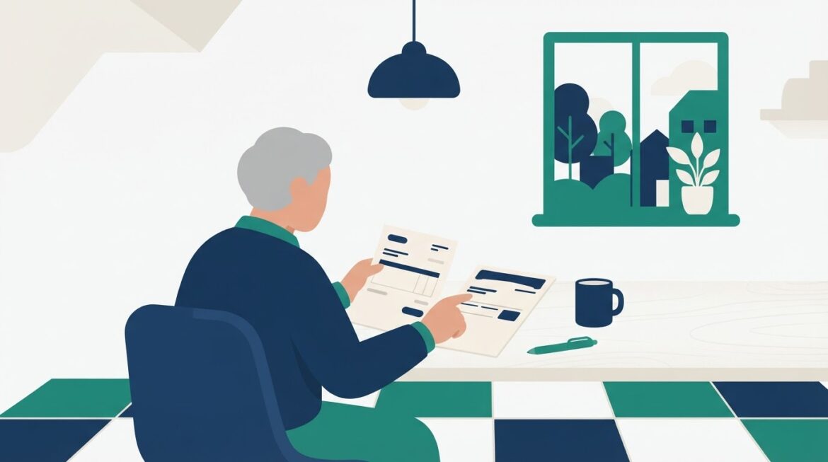 An older adult reviewing a paycheck and a Social Security benefits statement at a kitchen table