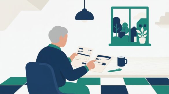 An older adult reviewing a paycheck and a Social Security benefits statement at a kitchen table